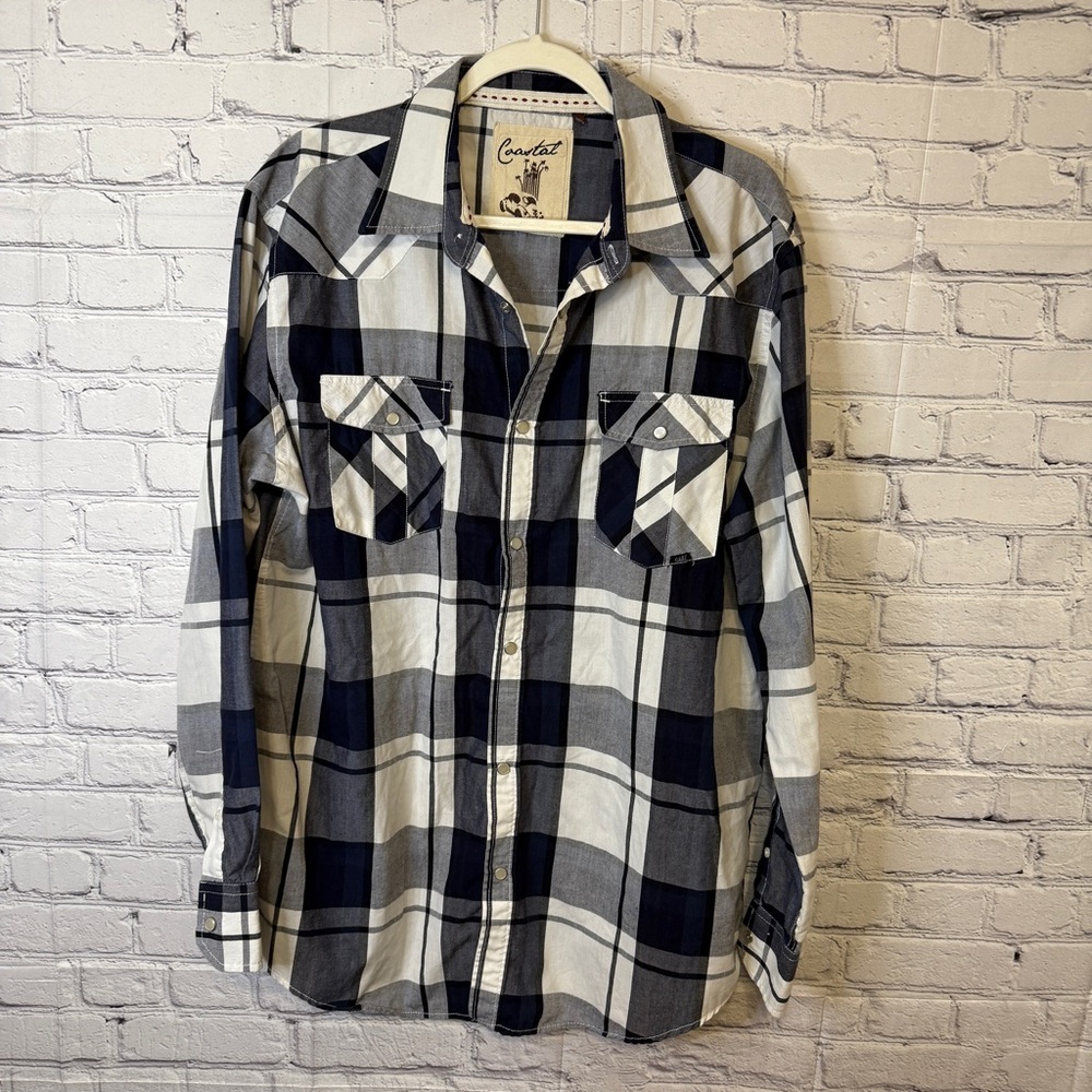 Coastal Plaid Pearl Snapl Button Down Shirt Black Gray Size XL